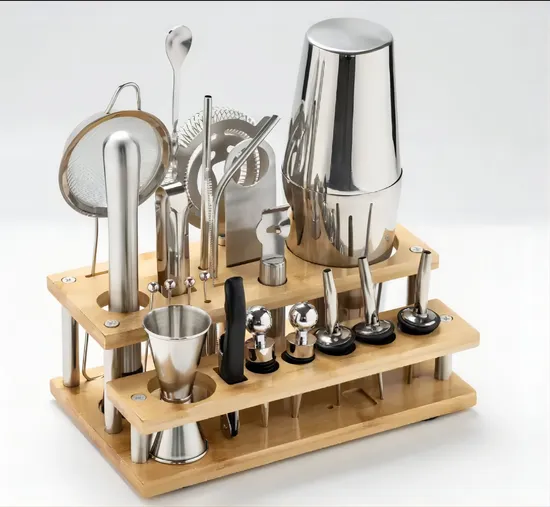 12PCS Custom Mixology Stainless Steel Cocktail Shaker Set with Bamboo Stand Bartender Kit 