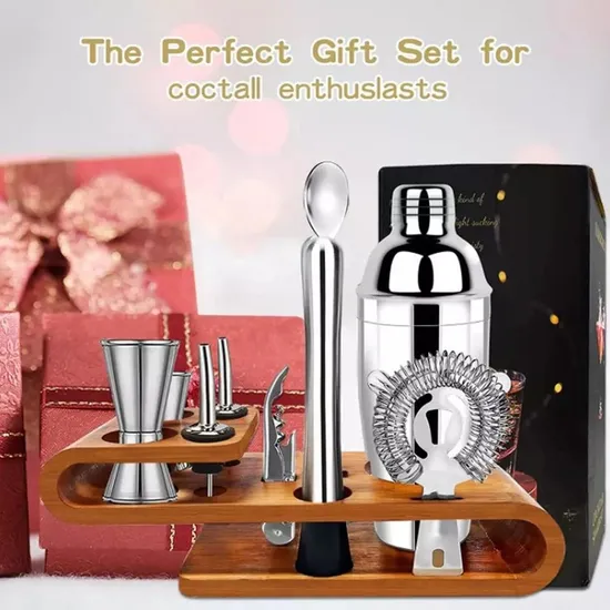 10 Piece Bartender Kit Bar Tools Set Martini Cocktail Shaker Set with Stylish Bamboo Wood Stand 