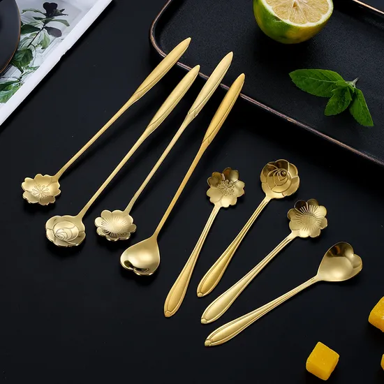 304 Reusable Golden Plated Korean Stainless Steel Spoon Piece Colorful Handle Dinner Dessert Tea Coffee Spoon Scoop Cuiller 
