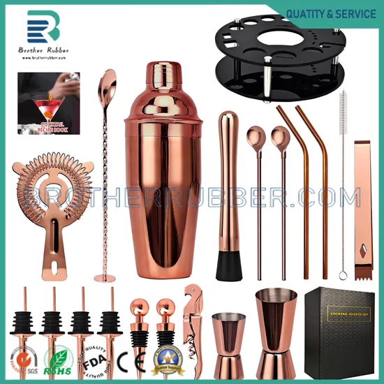 Martini Cocktail Shaker Set with Stylish Bamboo Wood Stand 