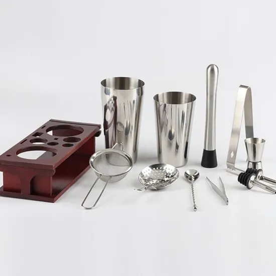 Stainless Steel Bartender Kit Cocktail Shaker Bar Set with Wood Stand 