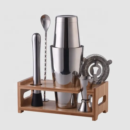 Factory Direct 800ml Coated Stainless Steel Bar Tools Boston Bartender Cocktail Shaker Bar Tools Set with Bamboo Wood Stand 