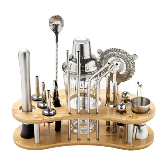 Drink Mixing Tool Bartender′s Cocktail Shaker Kit with Wooden Base 