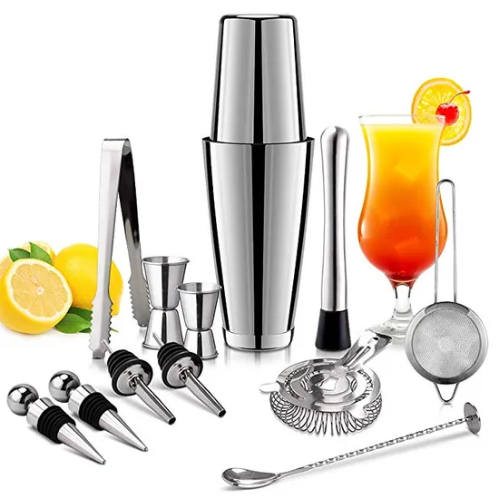Premium Weighted Stainless Steel Boston Cocktail Shaker Bar Set 